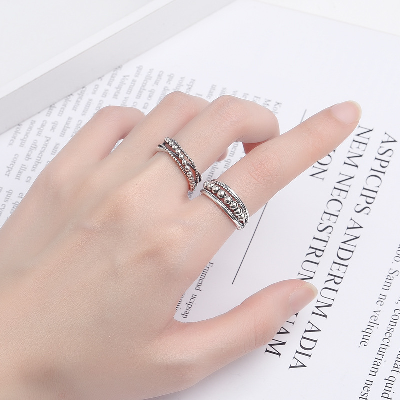 Bague de couple européenne et américaine, nouveaux bijoux à la mode, simple, ondulée, point, perles, accessoires en argent thaïlandais, bague à bouche ample_voghion.com