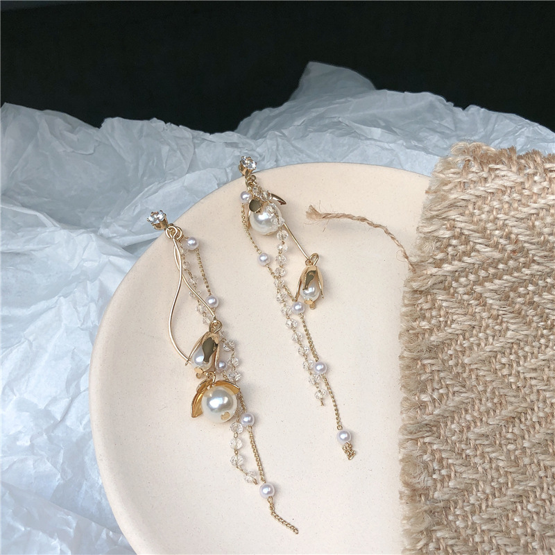 Korean Super Fairy Elegant Long Tassel Earrings Women's Rose Flower Pearl Earrings for Face Skinny Retro Earrings Earrings