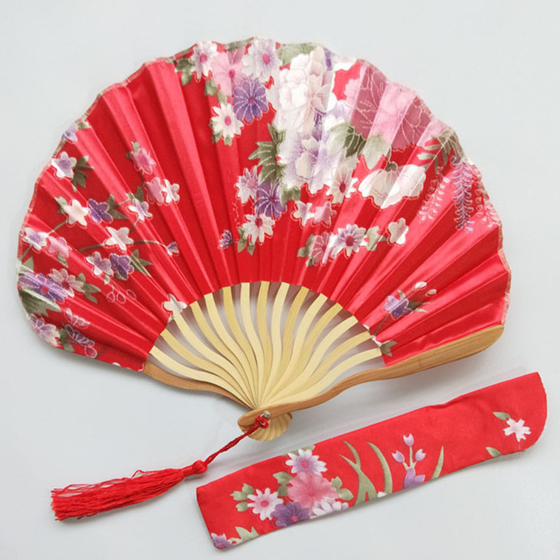 Japanese Style Women's Brown Bone Shaped Knife Fan Shell Keel Fan Silk Folding Fan + Tassel + Cloth Bag