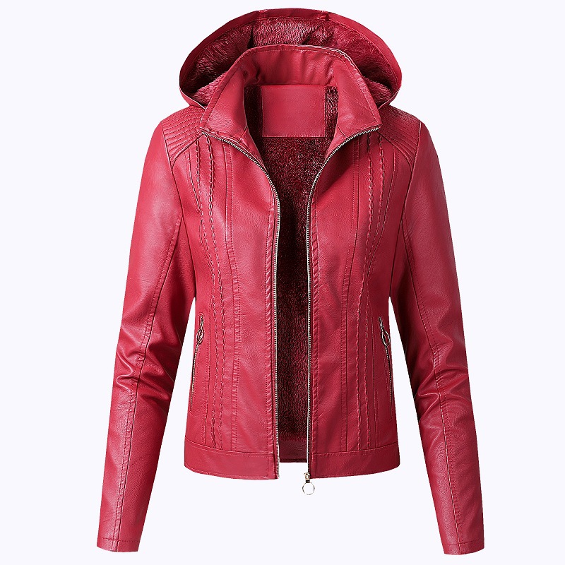 2022 Amazon wish popular European and American fashion jacket lapel solid color zipper leather coat plus size short coat for women