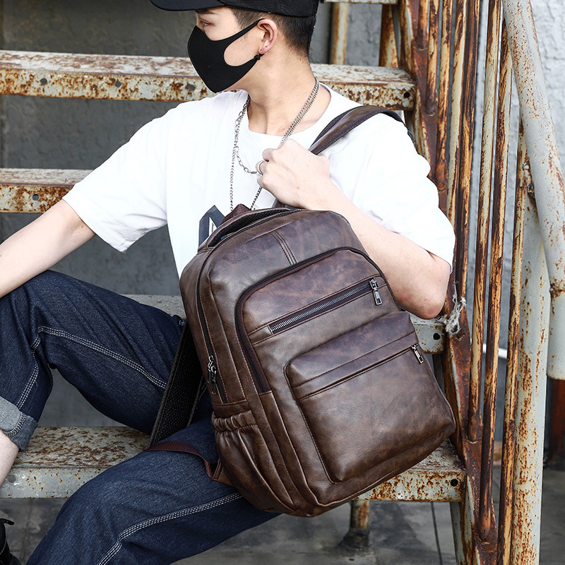 Backpack Double Shoulder Bag Men's Korean Style PU Leather Student Backpack Multi-functional Waterproof Outdoor Laptop Bag