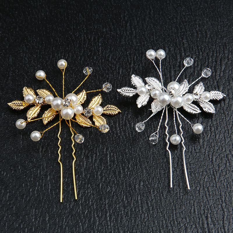 European and American U-shaped hairpin gold leaf pearl hair fork bride headdress silver wedding accessories hairpin wedding dress hair accessories - ShopShipShake