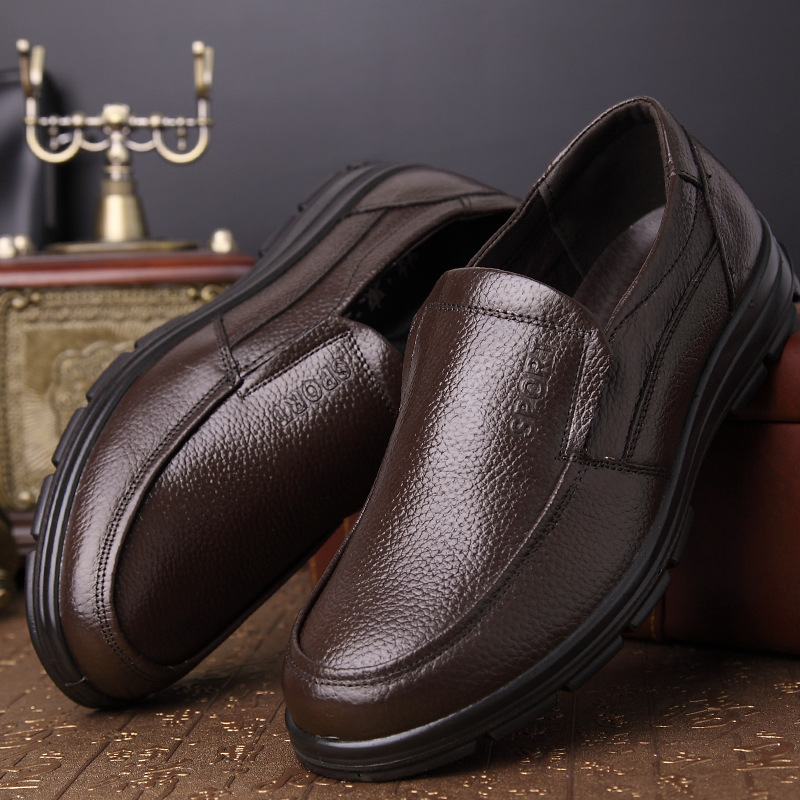 Spring Men's Casual Shoes Genuine Leather Soft Sole Non-slip Middle-aged and Elderly Shoes Breathable Leather Shoes Dad's Top Layer Cowhide Shoes