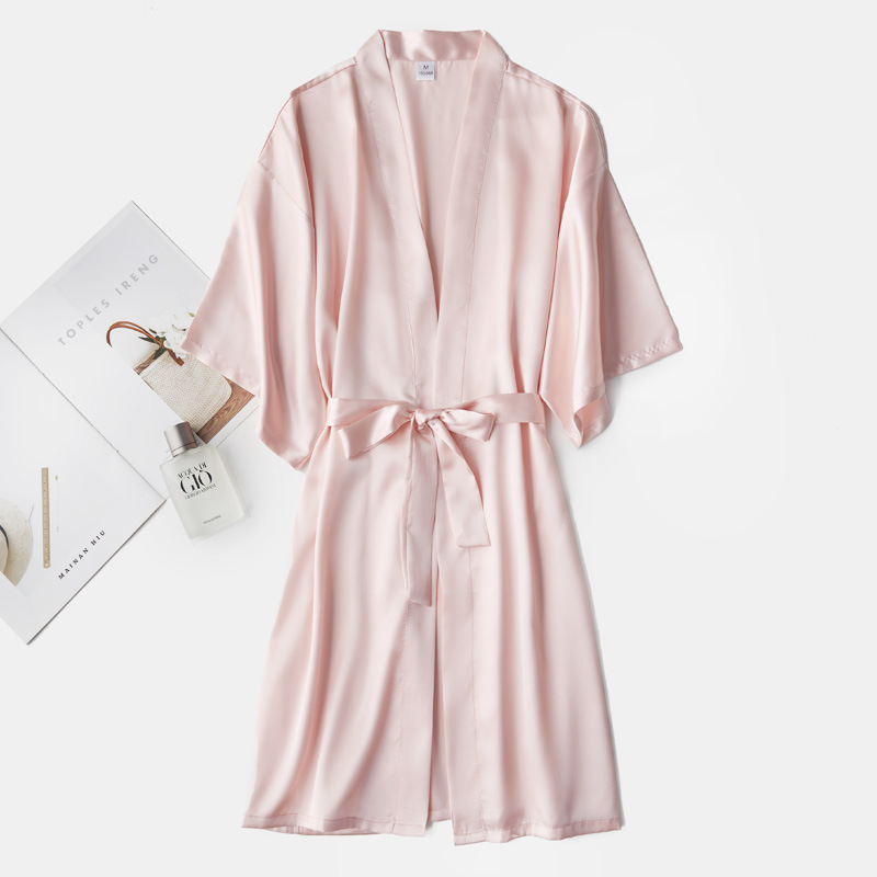 Women's Half-Sleeve Silk Nightgown Wedding Makeup Gown Thin Cardigan Gown Bridal Morning Gown Girlfriend Gown Solid Color Wordless