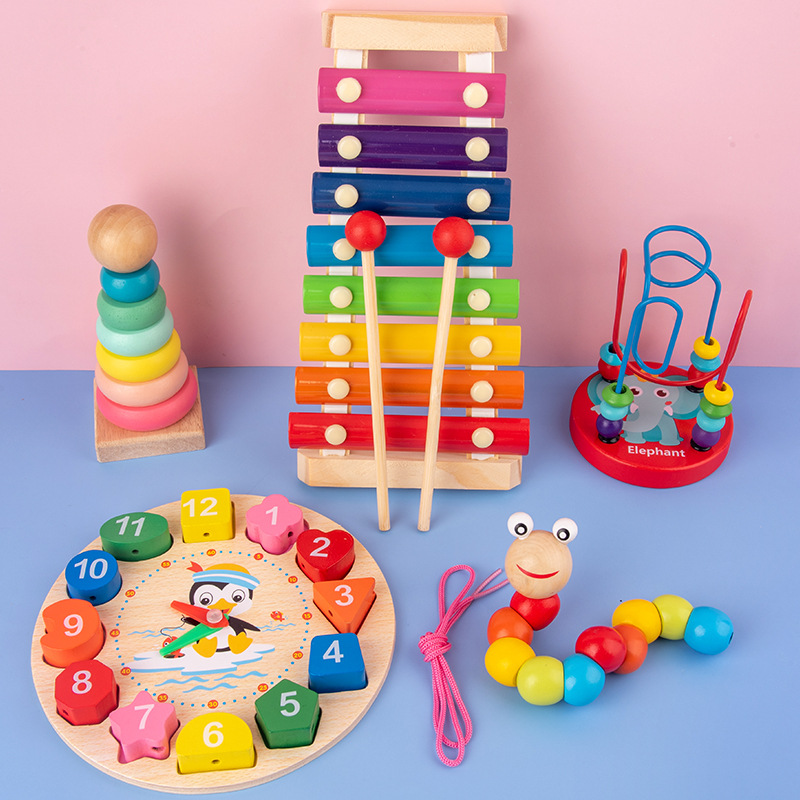 Infant Children's eight-tone hand-knocking piano beaded twisted insect rainbow tower baby early education educational wooden toys