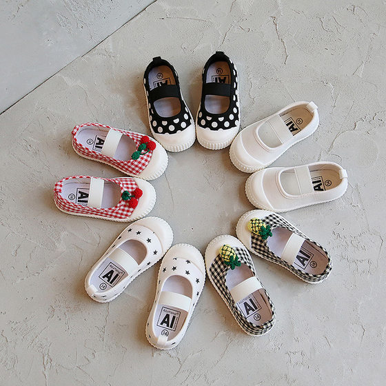 Korean girls square mouth shoes Cherry Wave canvas shoes baby toddler shoes kindergarten l 61 small white shoes