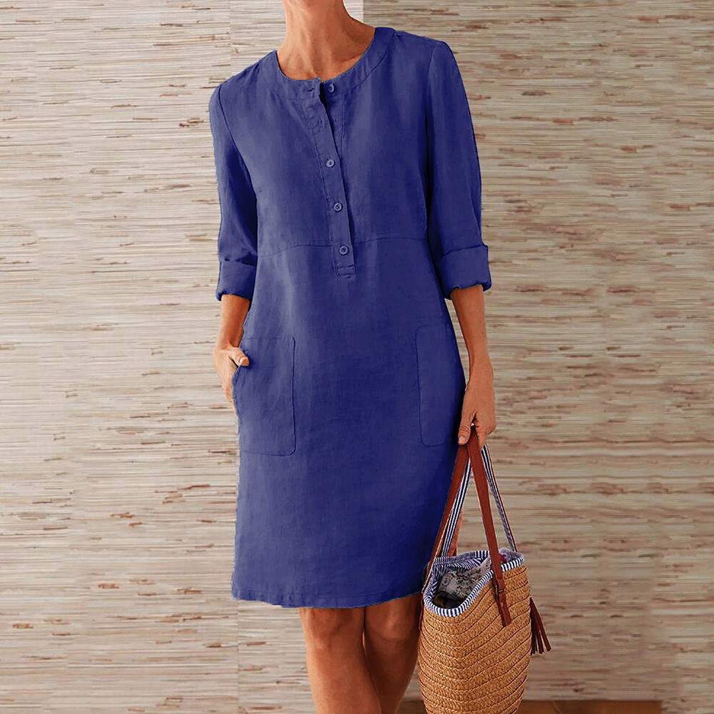2024 cross-border spring new Amazon AliExpress explosions plus size women's cotton and linen round neck long sleeve dress