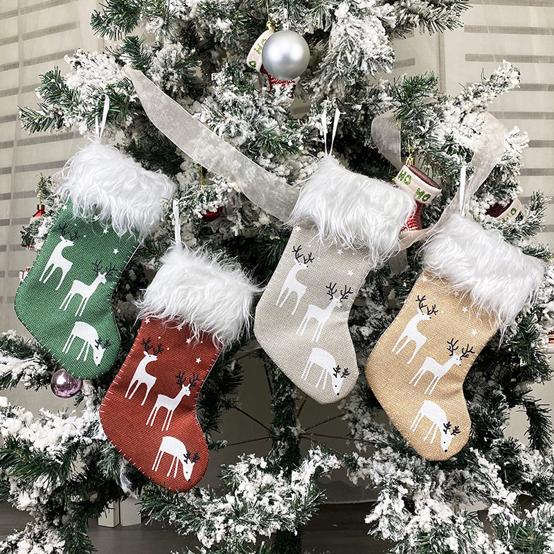 Amazon small size Christmas Stocking Hanging Candy Gift Bag Decorations Imitation Printed Deer Sock Christmas Stocking Christmas Decoration
