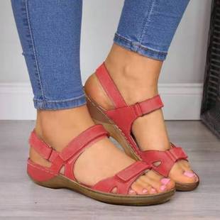 2020 Summer breathable peep toe shoes comfortable flat wedge open toe Velcro casual sandals foreign trade plus size women's shoes