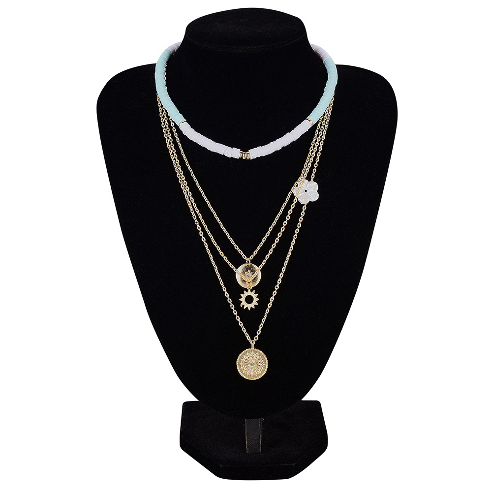 Europe and the United States cross-border retro multi-layer soft pottery flower necklace Net red flower coin personality exaggerated sweater chain pendant clavicle chain