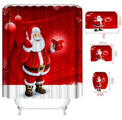 Shower Curtain Floor Mat Set Santa Claus Snowman Digital Printing Cartoon Waterproof Polyester Bathroom Shower Curtain Four-piece Set