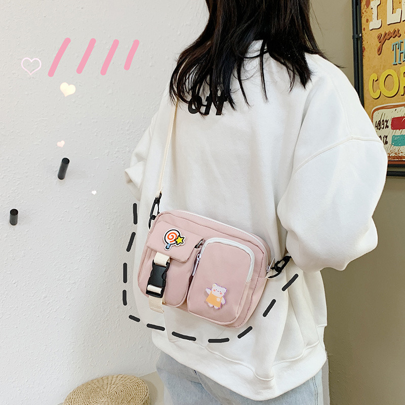 Cute Bear Double Pocket Canvas Small Bag 2020 Winter New Harajuku Style Crossbody Bag Internet Celebrity Small Square Bag