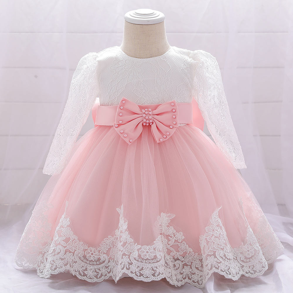 Amazon One Year Old Dress Long Sleeve Lace Stitching Wash Dress Bow Beaded Girl Dress