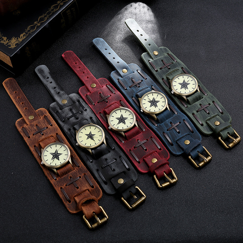 Europe and the United States cross-border new jewelry personalized atmosphere retro men's leather watch punk style wide leather bracelet bracelet