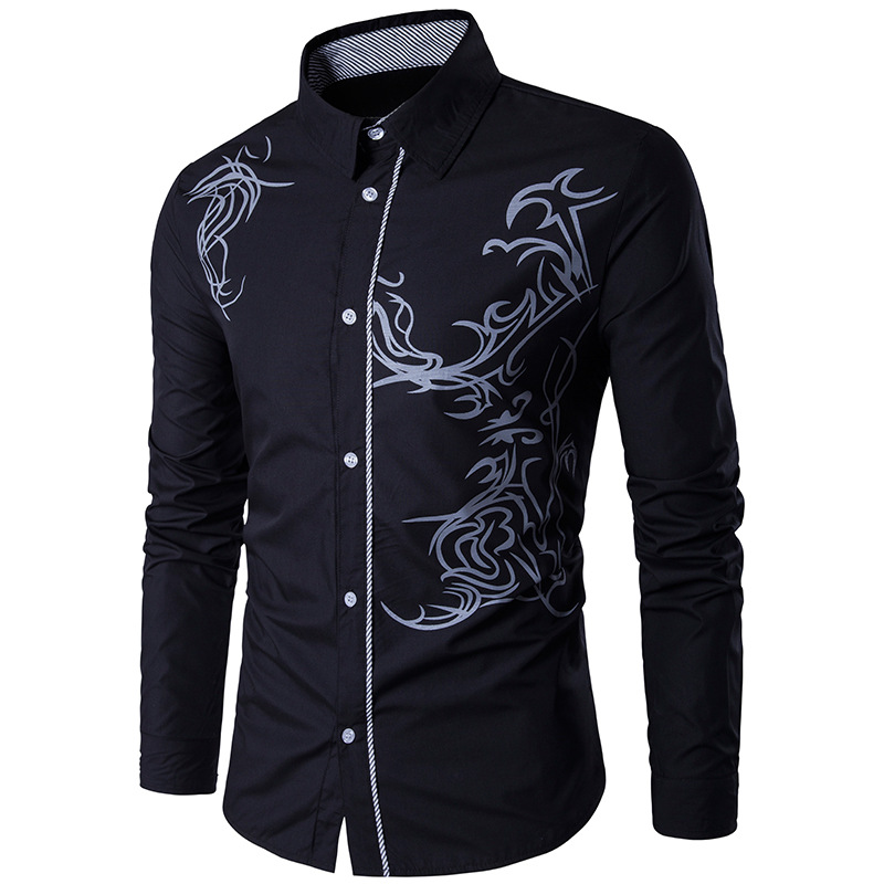 Spring New Men's Shirt Men's Long Sleeve Tattoo Print Long Sleeve Slim Fit Shirt