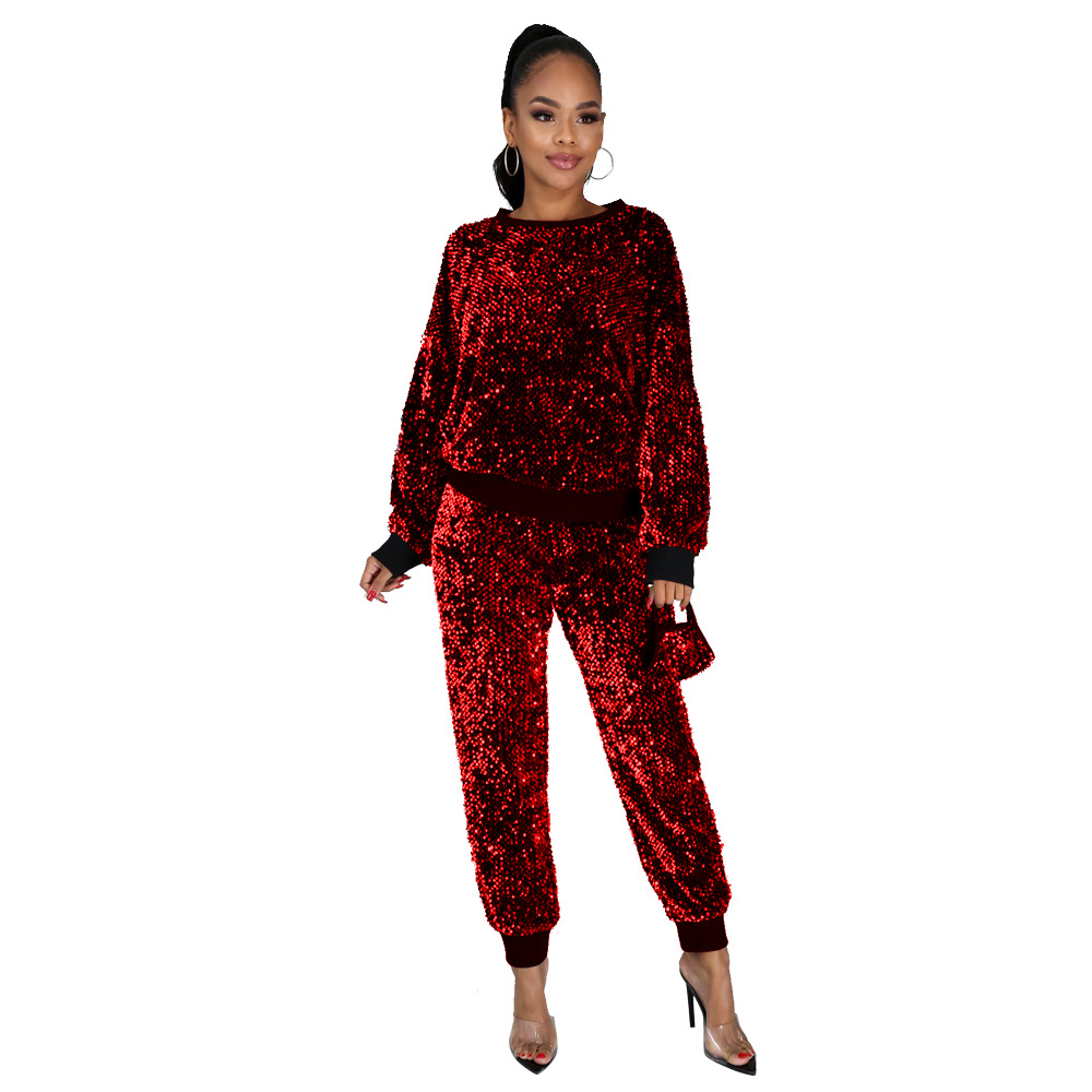 8761 European and American Amazon cross-border autumn and winter New Home sequined party long-sleeved pencil pants two-piece set with mask