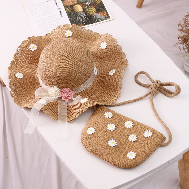 Chapeau de paille pour fille, chapeau d'été en ruban de paille, chapeau pare-soleil à fleurs, chapeau de pêcheur, ensemble de sacs de protection solaire parent-enfant_voghion.com
