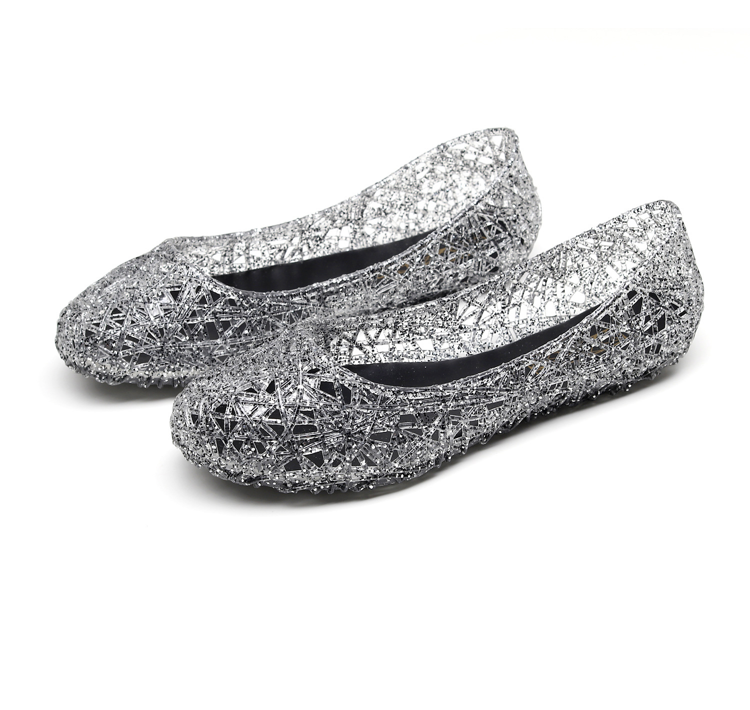 2023 Summer Cross Border Hollow Bird's Nest Sandals Shiny Crystal Flat Breathable Casual Women's Jelly Shoes Wholesale Factory