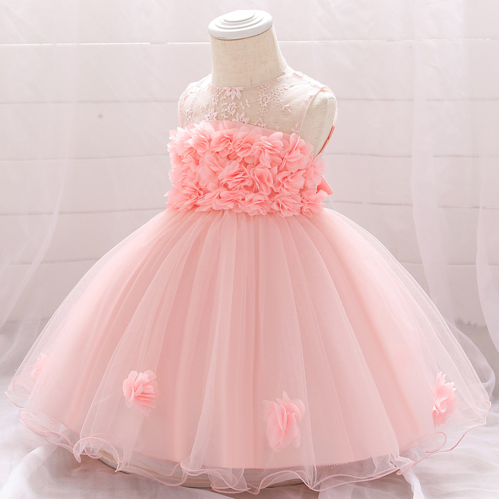 Amazon Children's Dress Three-Dimensional Applique Infant One Hundred Days Old Dress Hollow Mesh Flower Girls Dress