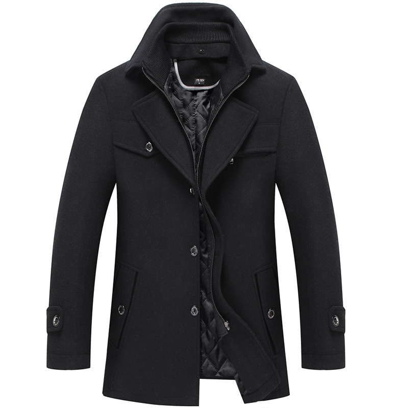2020 Cross-border AliExpress Explosions Men's Double Collar Woolen Middle-aged Cotton Thickened Solid Color Fine Imitation Woolen Coat