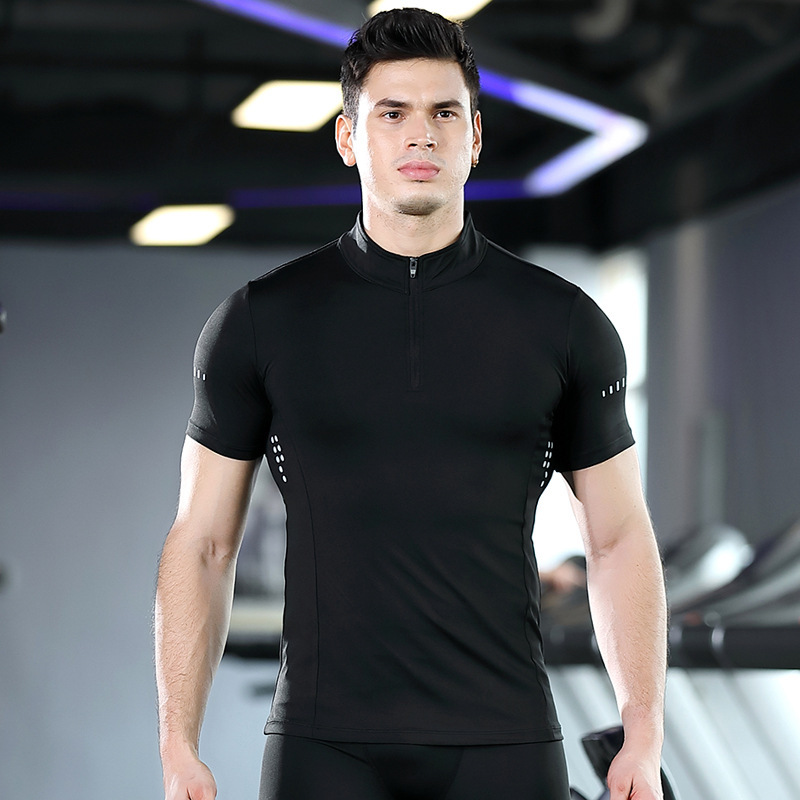 2023 New Fitness Clothes Men's High Collar Zipper Tight Quick-drying Sports T-shirt Outdoor Casual Running Polo Shirt