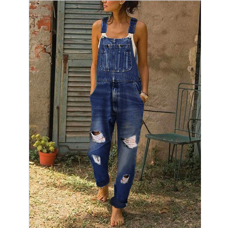 Spot AliExpress Amazon European and American women's denim bib pants holes thin women's bib pants pants