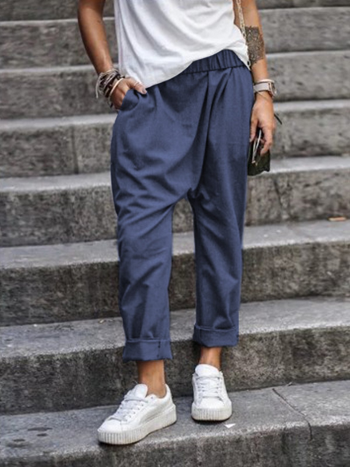 Cross-border supply AliExpress new hot solid color casual elastic high waist Harlan trousers factory direct sales
