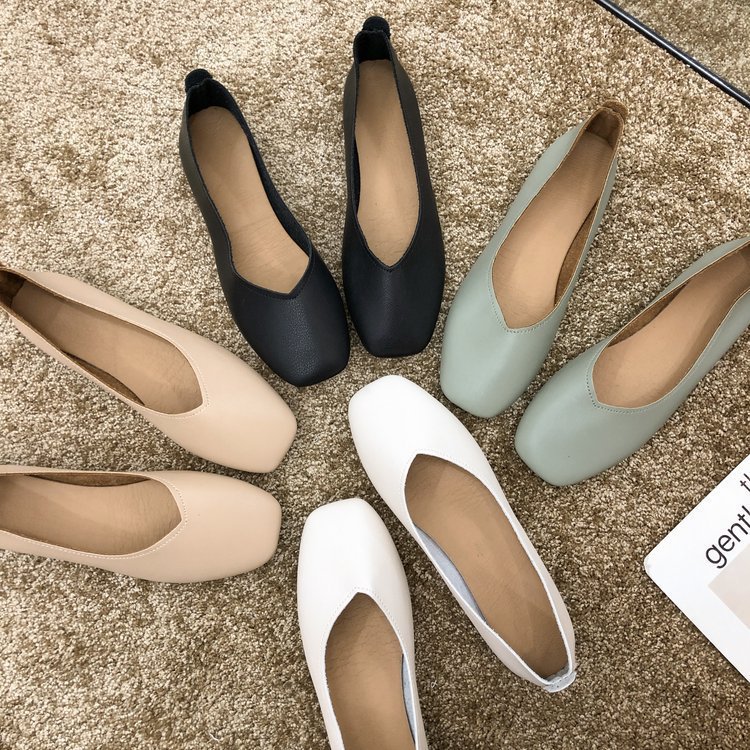 Baotou Square Toe Shoes Women's Shallow Mouth Soft-soled Comfortable Flat-soled Beans Shoes Flat Half-drag One-step Lazy Shoes Spring and Autumn