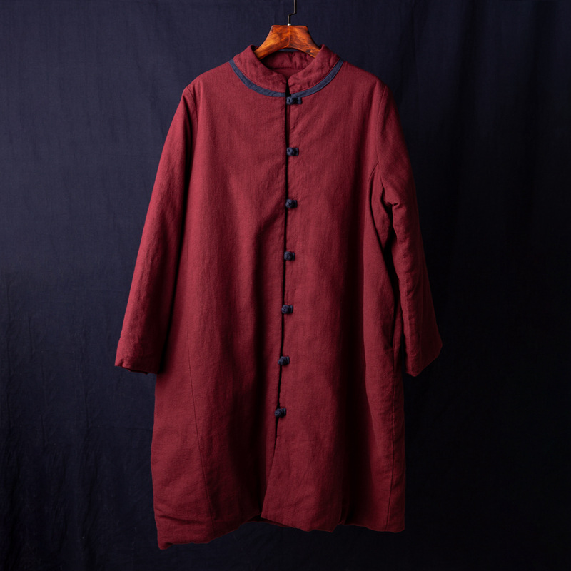 2023 Winter Neue Vintage Chinesischen Stil Vertikale Kragen Chinesischen Stil Kontrast Farbe Platte Schnalle Mittellange Baumwolle gefütterte Jacke Leinen Lose Baumwolle-pad_voghion.com