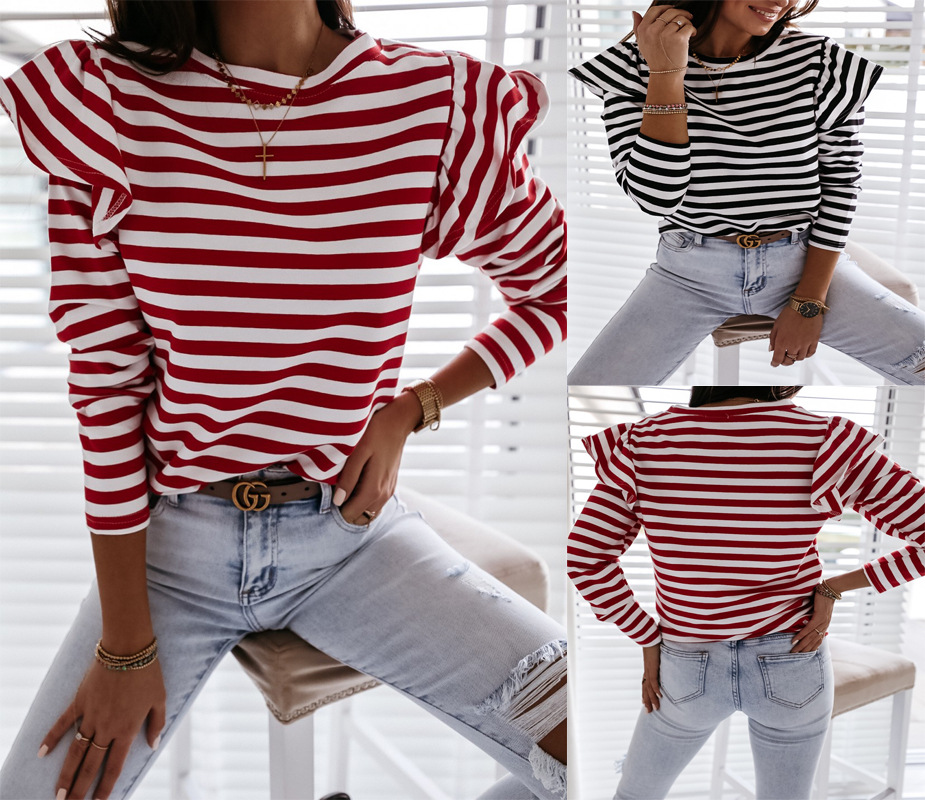 2020 autumn and winter European and American women's eBay Amazon wish explosions round neck long sleeve striped T-shirt MC2011