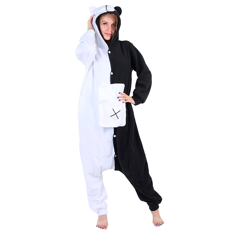 Factory wholesale polar fleece bullet ball roving black and white bear cartoon animal one-piece pajamas couple home performance clothing
