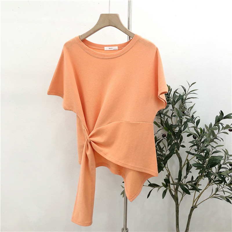 Short-sleeved T-shirt Women's Summer 2020 New Korean-style Solid Color Censored Design Sense Cross Irregular Western Style Top