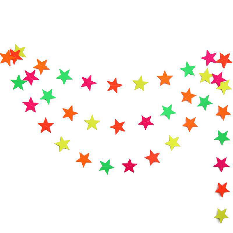Five-pointed Star Fluorescent Paper String Party Birthday Party Fluorescent Paper Pull Flower Colorful Round Five-star Charm Paper Pull Flag