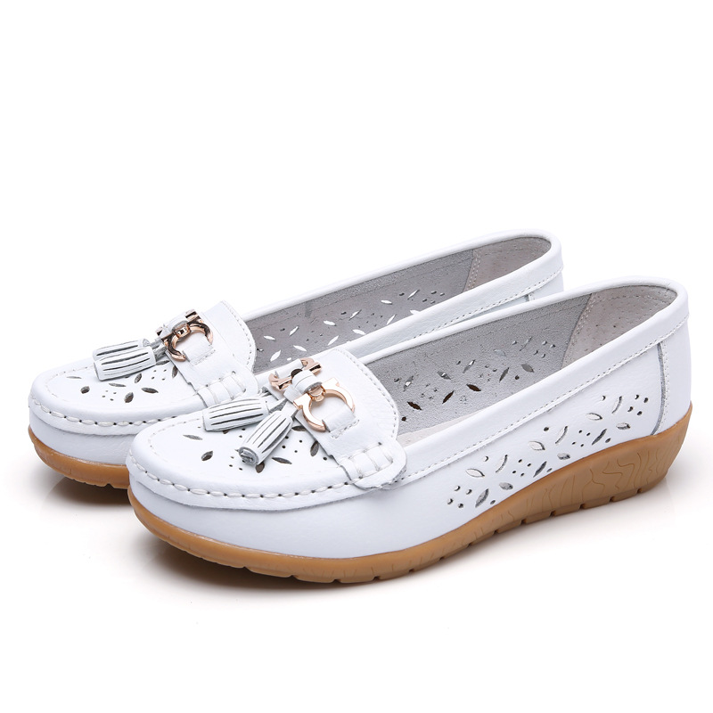 Summer Women's Shoes Genuine Leather Mother Shoes Hollow Breathable Flat Shoes All-match Comfortable Soft-soled Women's Single-layer Shoes Large Size Shoes