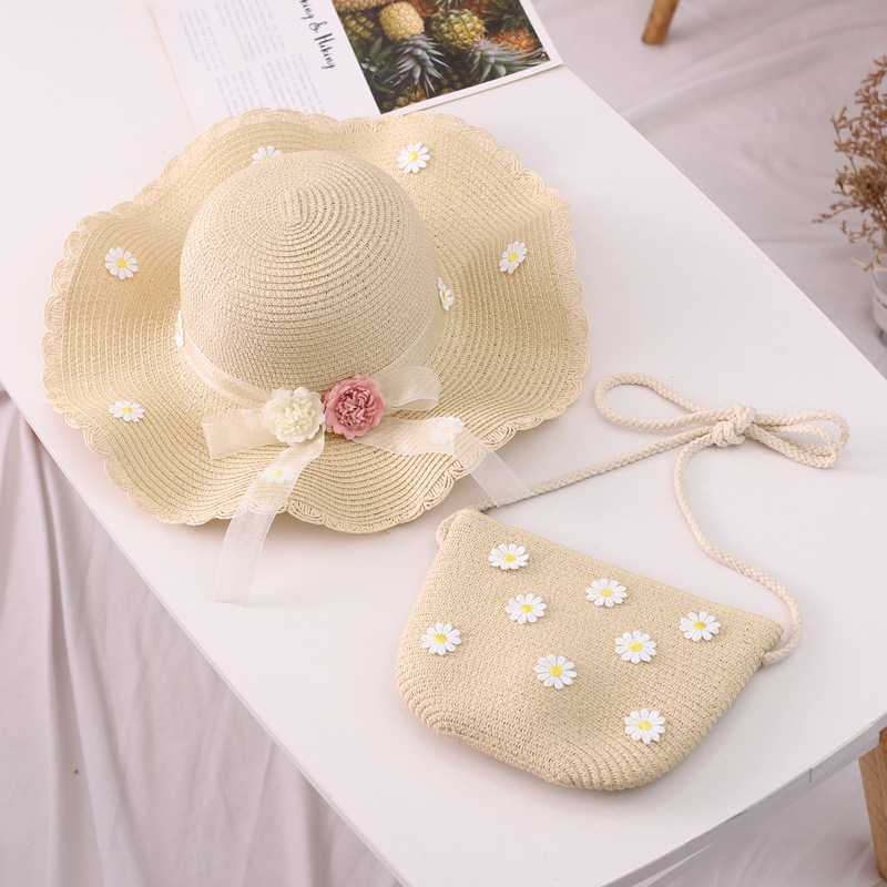 Chapeau de paille pour fille, chapeau d'été en ruban de paille, chapeau pare-soleil à fleurs, chapeau de pêcheur, ensemble de sacs de protection solaire parent-enfant_voghion.com