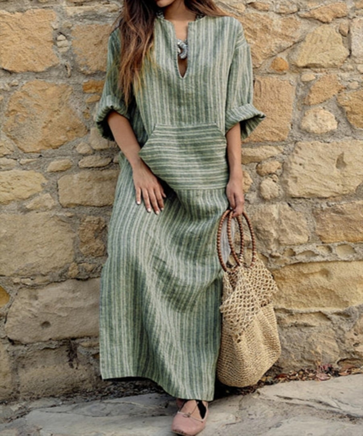 Cross-border Explosions Temu New Cotton and Linen Yarn-dyed Striped Loose Long Dress