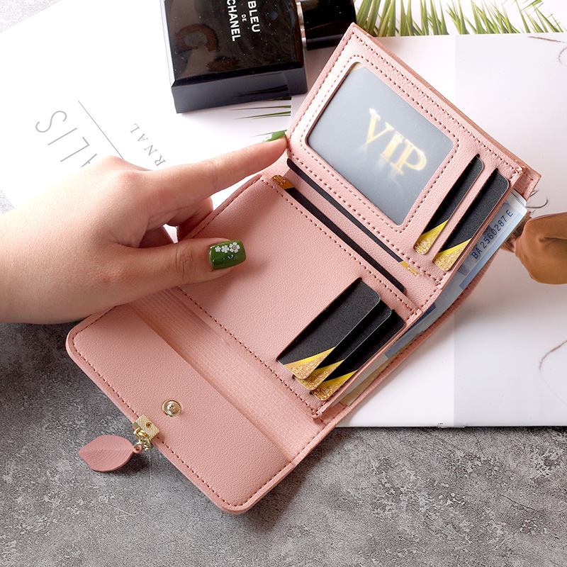 New small wallet female short student Korean fashion small fresh leaf three fold buckle coin purse card bag wholesale