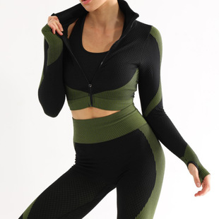 European and American peach hip fitness suit women's high waist yoga pants quick-drying seamless sports jacket bra three-piece set!