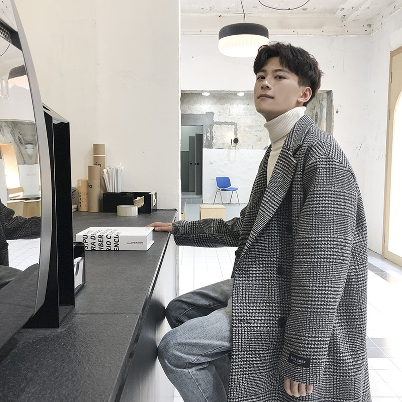 2022 Winter New Men's Korean-style Fashionable Double-breasted Woolen Coat Houndstooth Midi Woolen Trench Coat