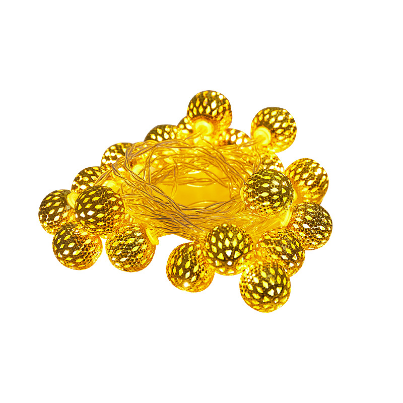Cross-border new LED Moroccan ball light string Christmas holiday iron ball hollow golden ball decorative lights