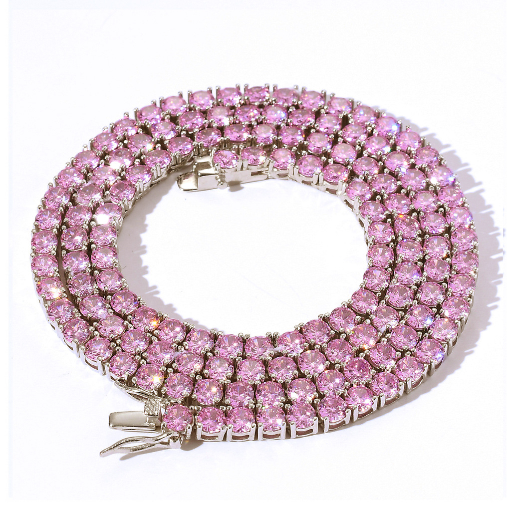 Euramerican unisex hip-hop tennis chain necklace 4mm pink zircon single row zircon necklace tennis chain cross-border