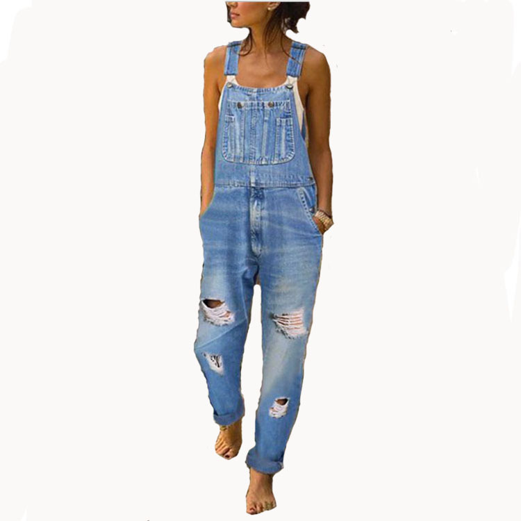 Spot AliExpress Amazon European and American women's denim bib pants holes thin women's bib pants pants