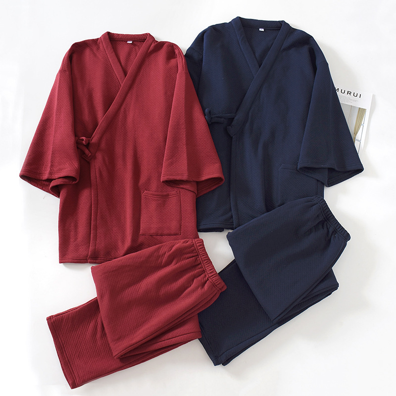 Fall/winter Japanese men's kimono pajamas knitted cotton air layer cotton plus size home clothing two-piece suit 200kg