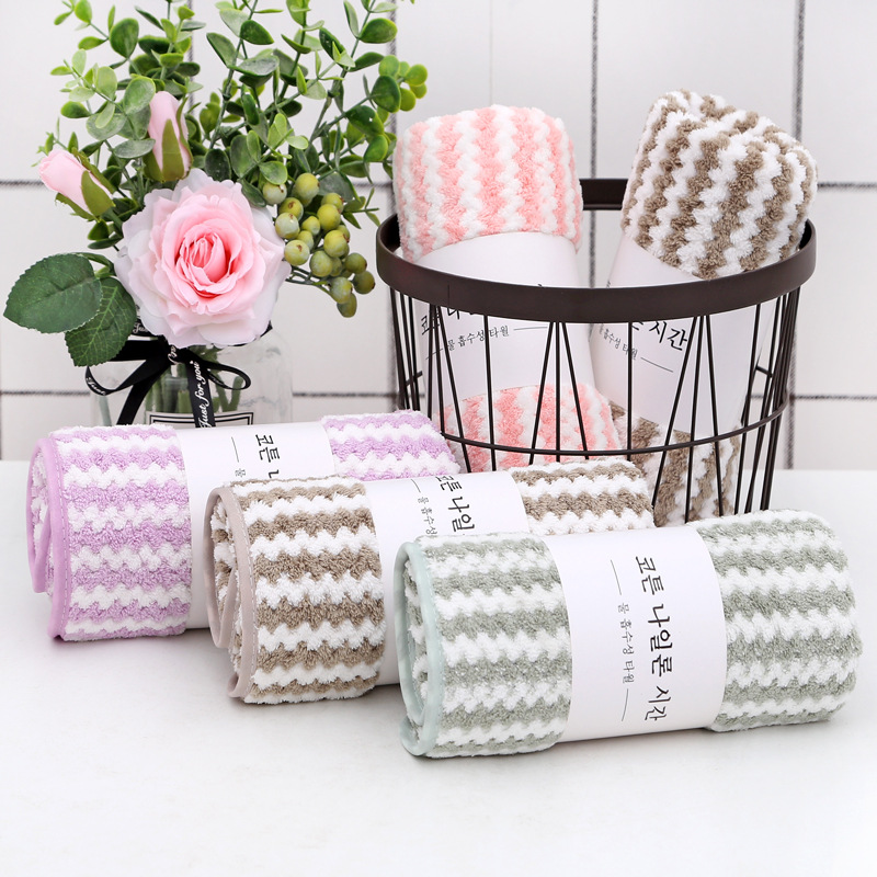 35*75 coral fleece warp knitting stripes cationic towel strong absorbent beauty salon Korean towel thickened cross-border