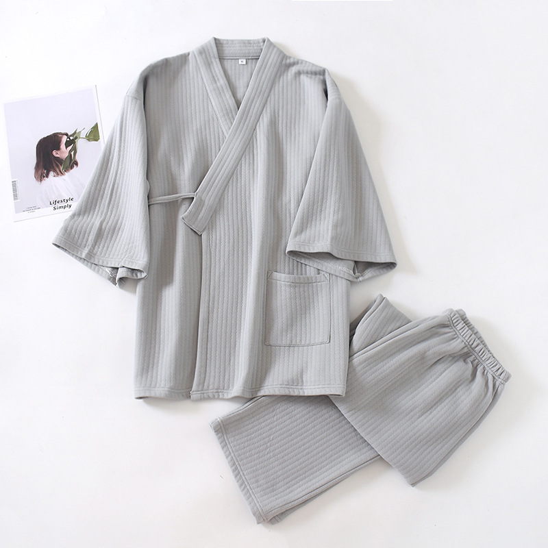 Fall/winter Japanese men's kimono pajamas knitted cotton air layer cotton plus size home clothing two-piece suit 200kg