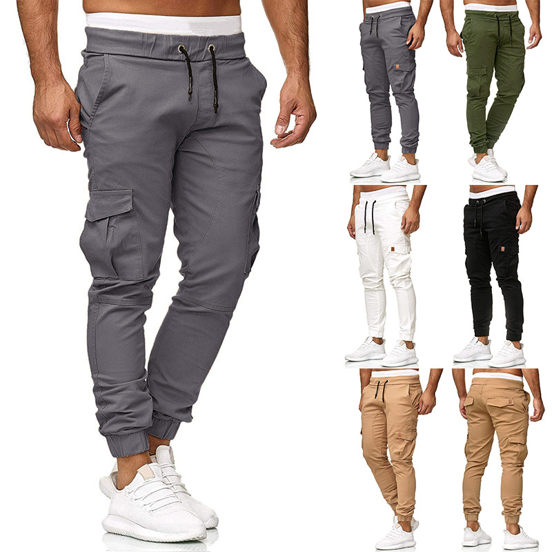 2023 new European size men's parquet tether belt toe casual pants solid color leggings men's new rice White