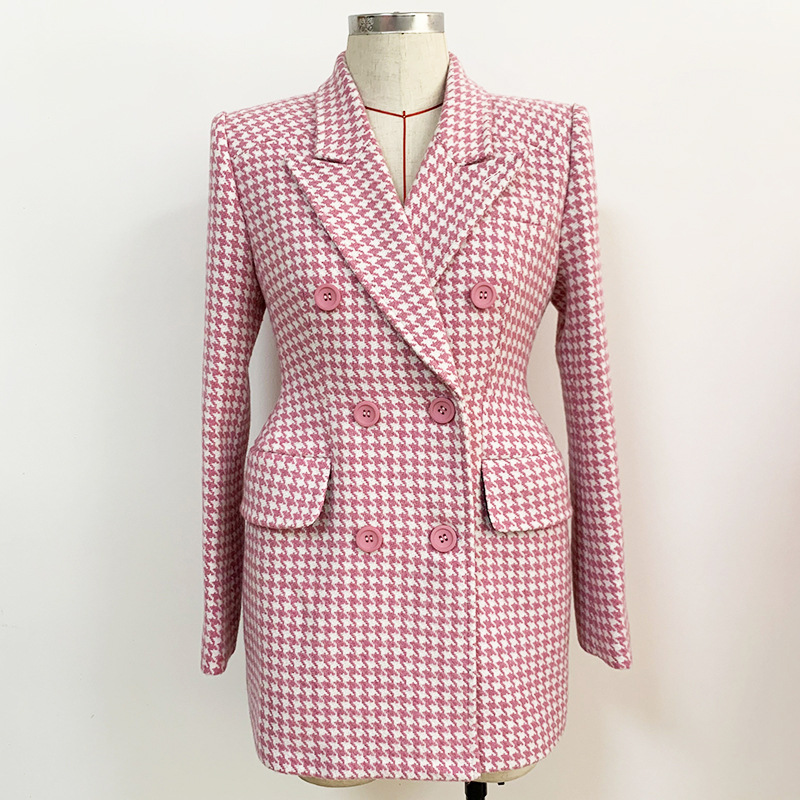 Spot European and American quality sharp 2024 autumn and winter suit collar slim pink houndstooth wool coat coat_voghion.com