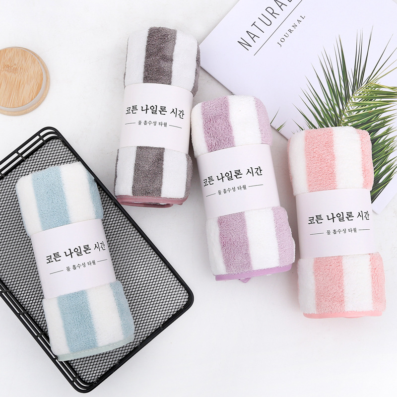 35*75 coral fleece warp knitting stripes cationic towel strong absorbent beauty salon Korean towel thickened cross-border
