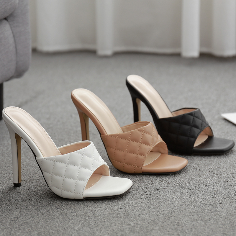 2020 AliExpress foreign trade new women's shoes European and American stitching Diamond check square high heel sandals and slippers mn128-A01