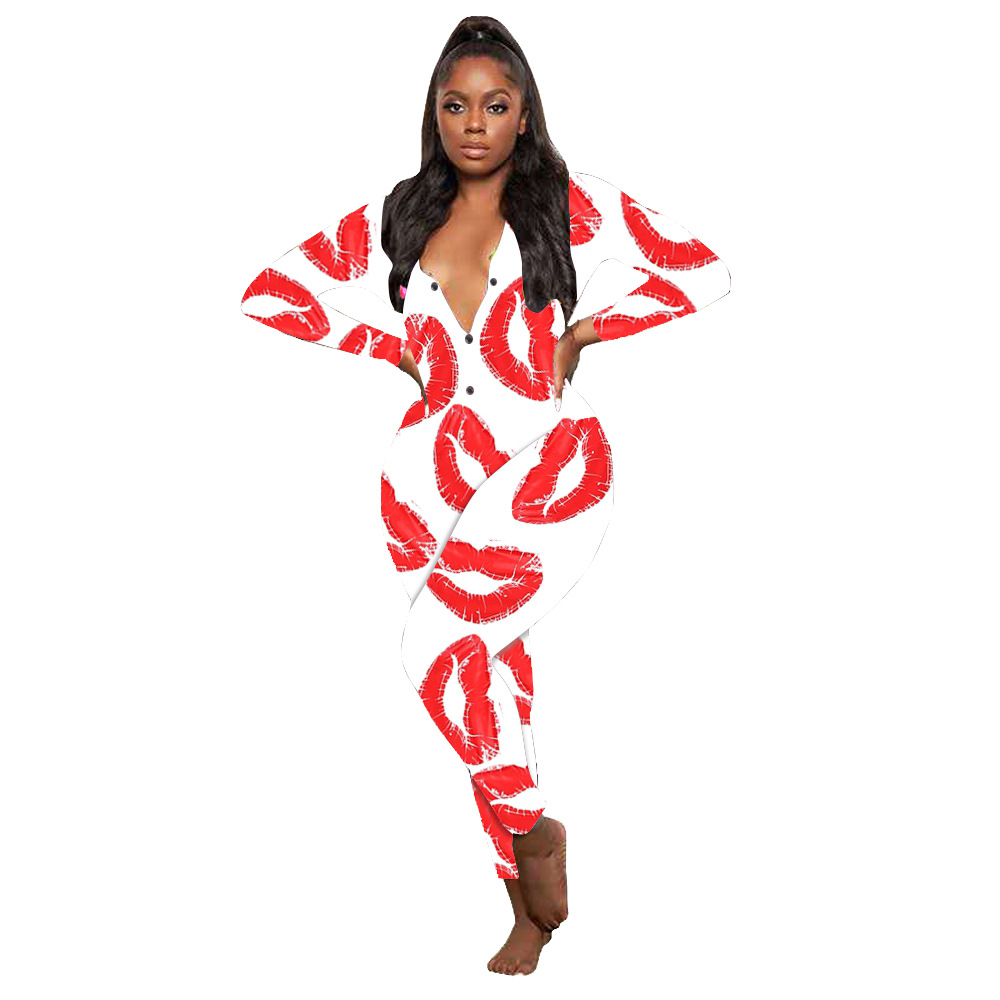 D9461 Amazon Hot Cross-border European and American Women's Casual Lip Print Long Sleeve Trousers Home Jumpsuit